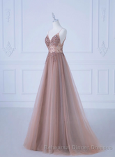 Pink V-Neckline Beaded Straps Long Party Dress, A-Line Pink Tulle Floor Length Semi Formal Prom Dress